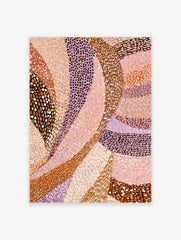 Abstract art print with flowing, curved bands of brown, pink, and lavender, featuring dotted and stroked textures