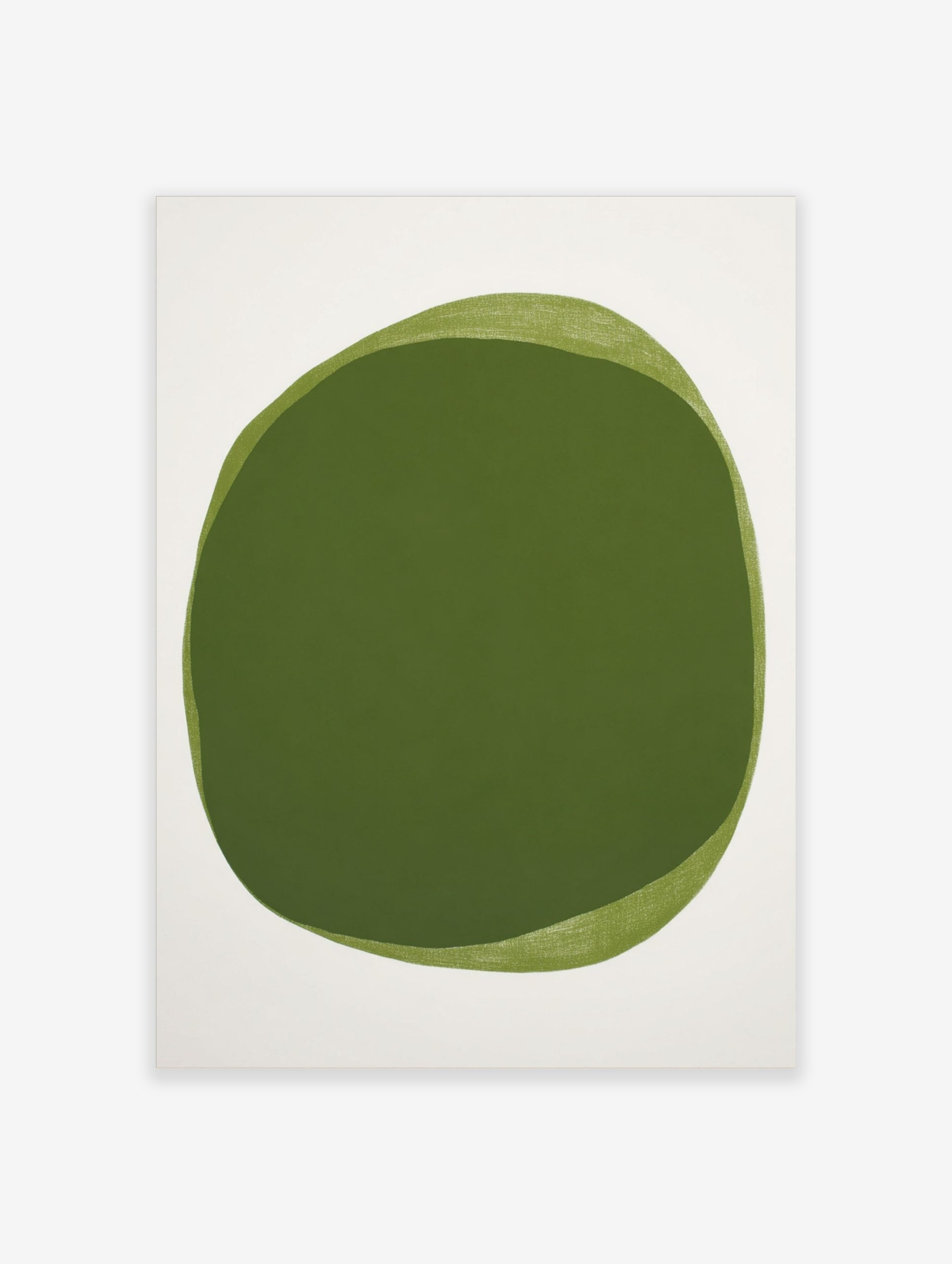 Abstract art print with layered olive green organic shapes on a white background