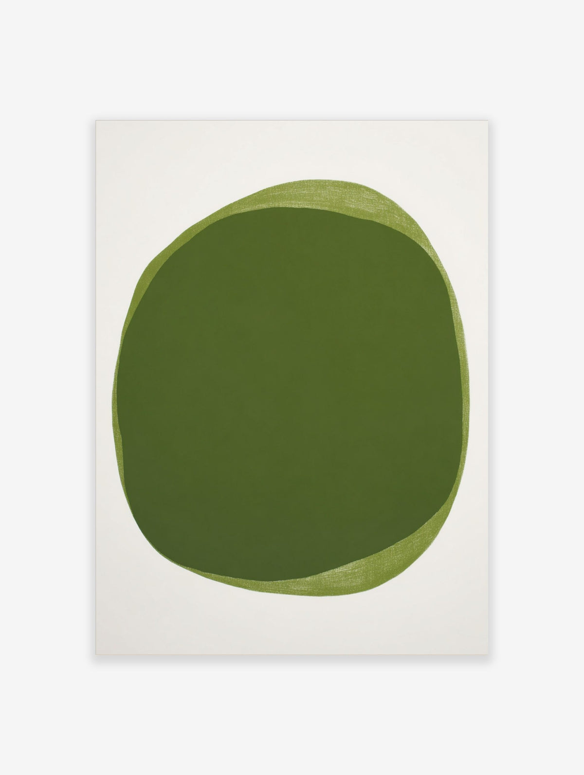 Abstract art print with layered olive green organic shapes on a white background