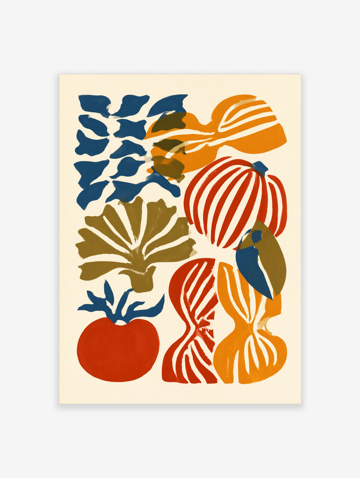 Abstract illustrative wall art with organic red, orange, and blue vegetable shapes on a cream background