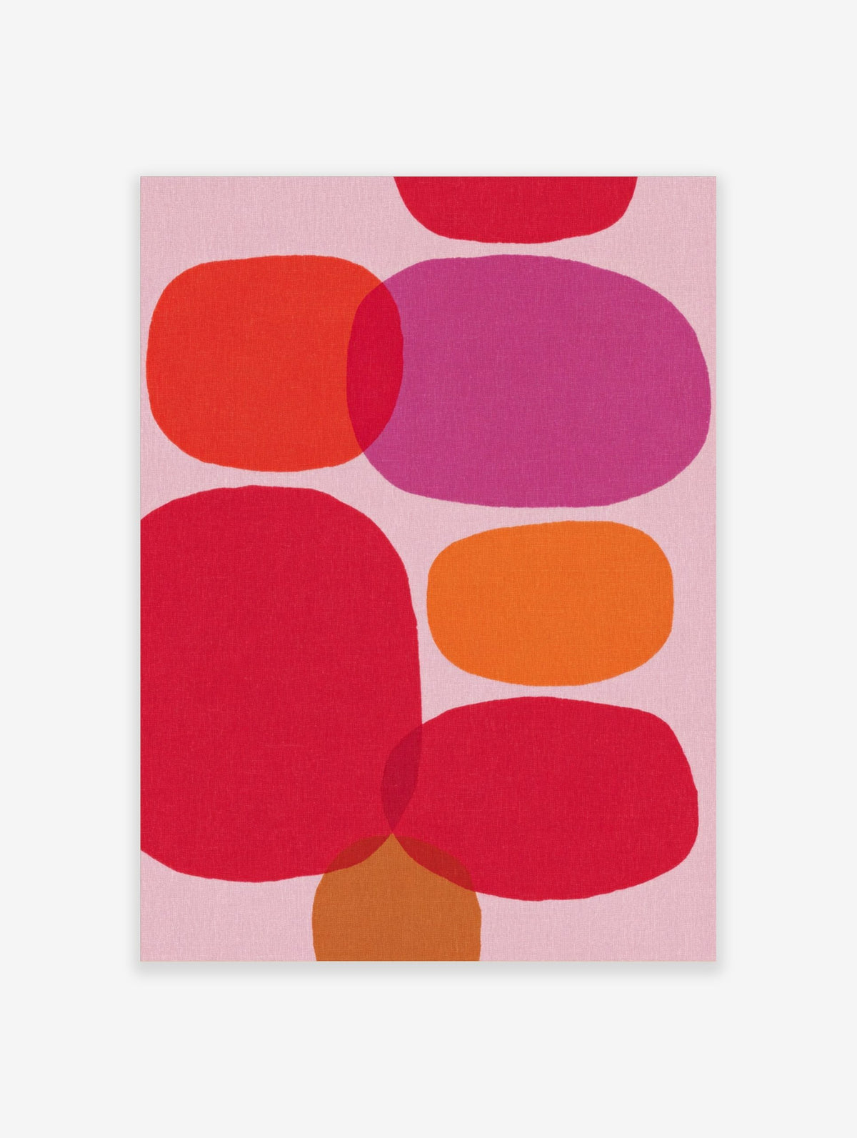 Abstract wall art print with overlapping organic shapes in pink, red, orange, and fuchsia on a pale pink background