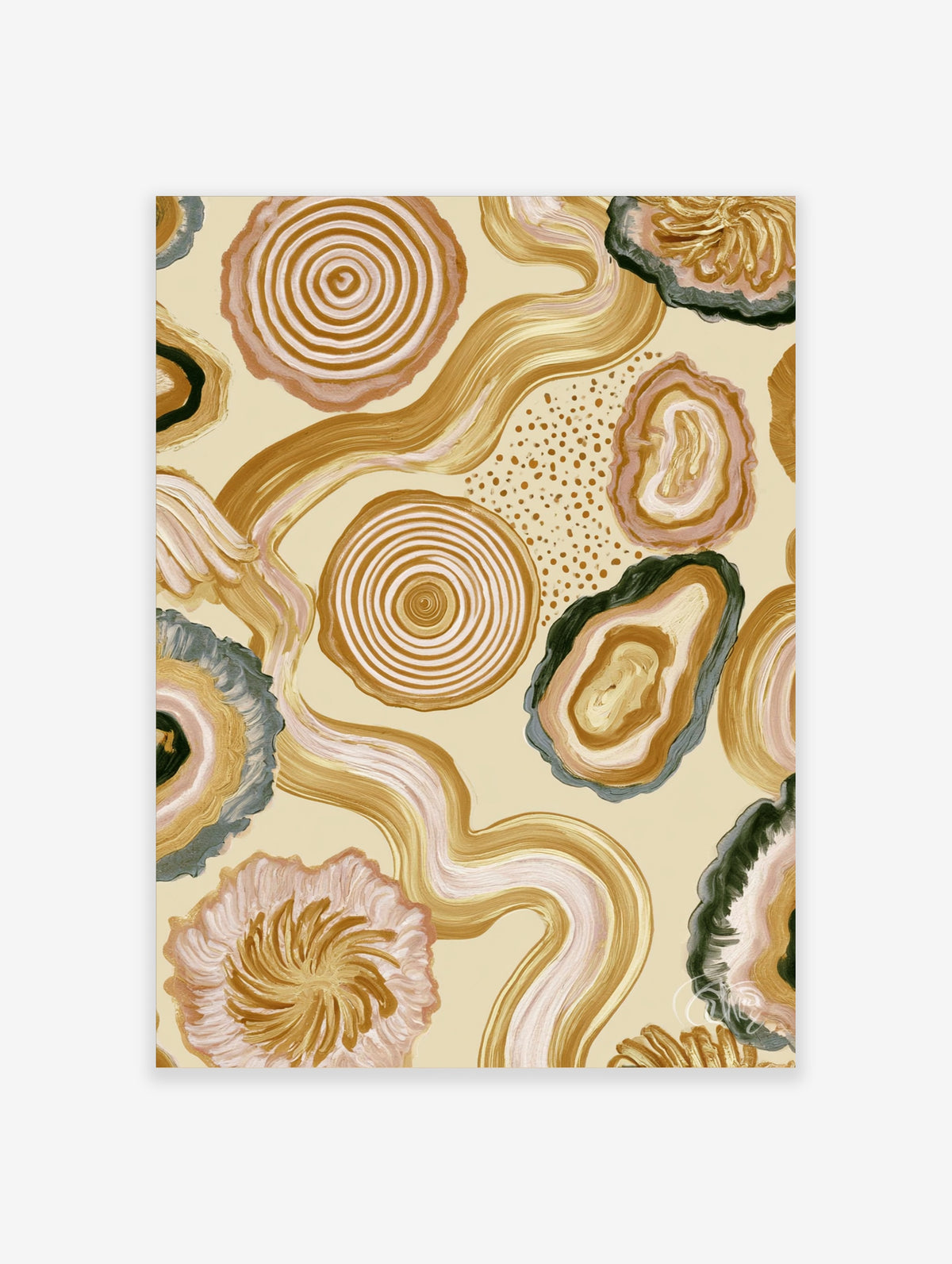 Abstract organic wall art with agate shapes, tree rings, and wavy lines in earthy beige, pink, and gold tones