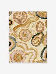 Abstract organic wall art with agate shapes, tree rings, and wavy lines in earthy beige, pink, and gold tones