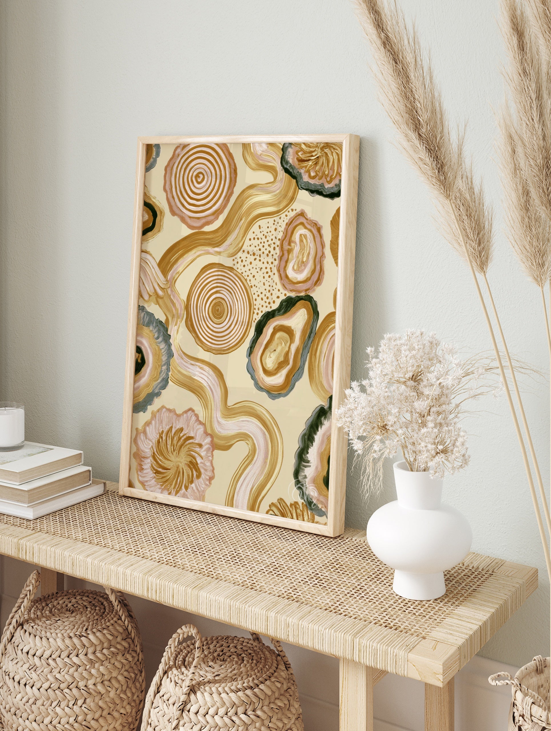 Abstract organic wall art with agate shapes, tree rings, and wavy lines in earthy beige, in an alternate framed mockup