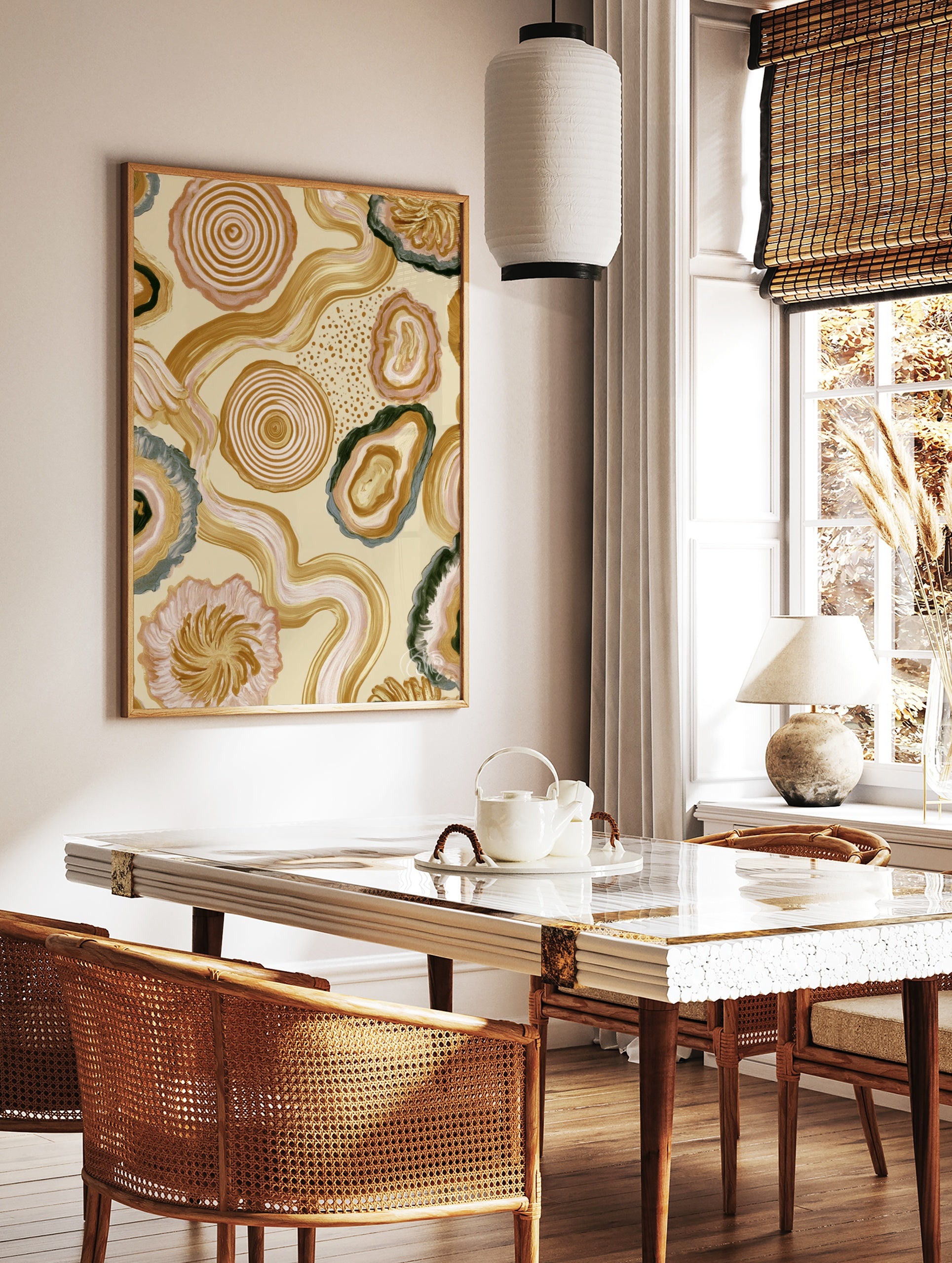 Abstract organic wall art with agate shapes, tree rings, and wavy lines in earthy beige, pink, and, in a styled room mockup