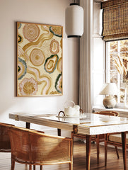 Abstract organic wall art with agate shapes, tree rings, and wavy lines in earthy beige, pink, and, in a styled room mockup