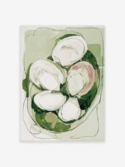 Abstract oyster shell wall art in green, white, and blush with organic shapes and dark outlines