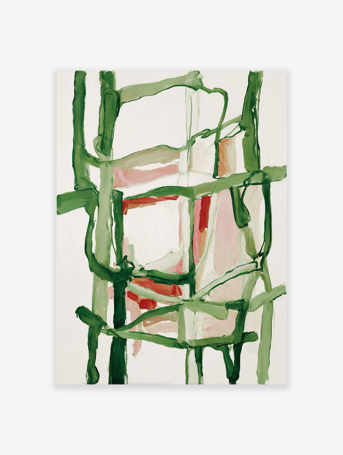 Abstract painting with bold green lines and soft pink and red blocks of color on a white background, modern art.