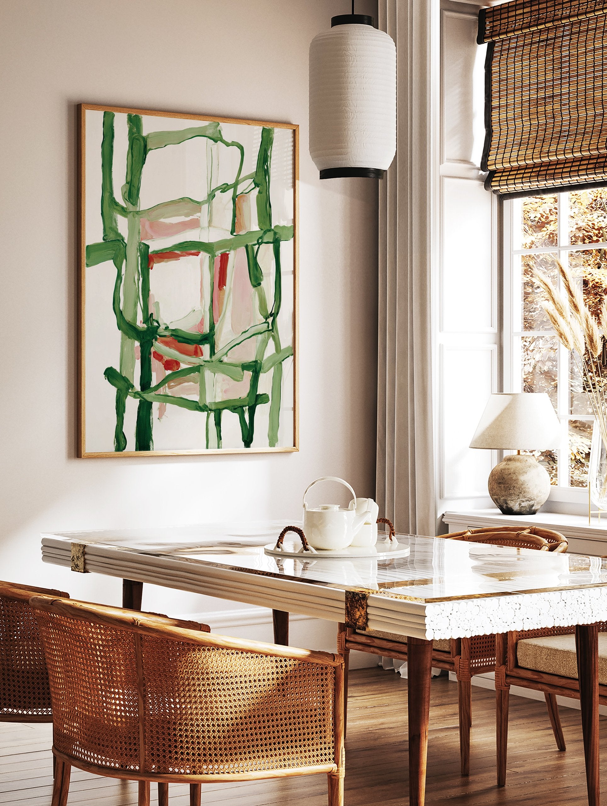 Abstract painting with bold green lines and soft pink and red blocks of color on a white background, modern art. - Image 2