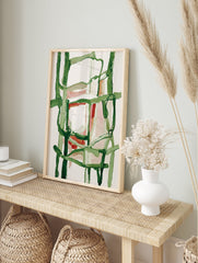 Abstract painting with bold green lines and soft pink and red blocks of color on a white background, modern art. - Image 3