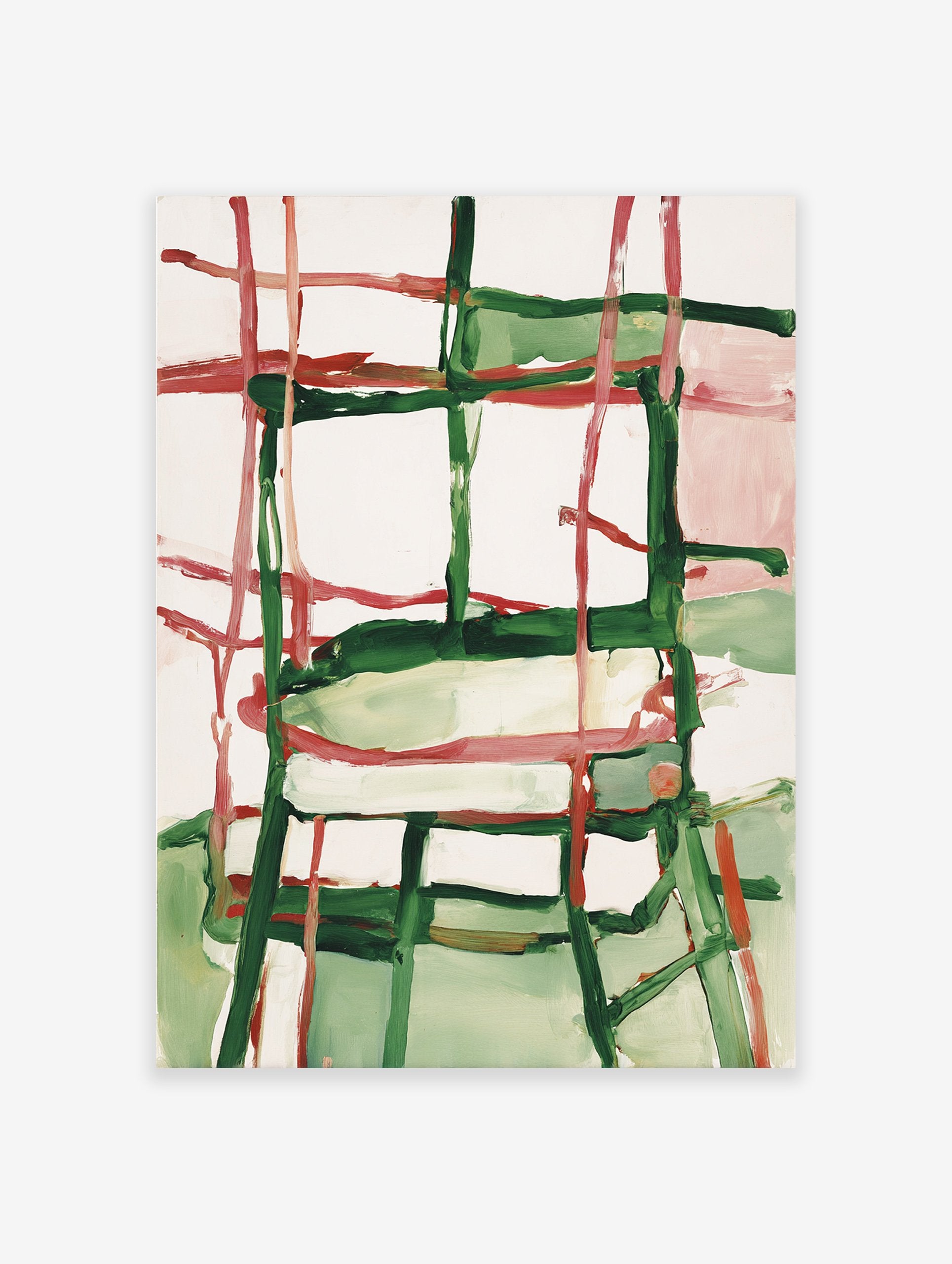 Abstract painting with bold green and red brushstrokes forming a grid pattern on a white background, modern art.