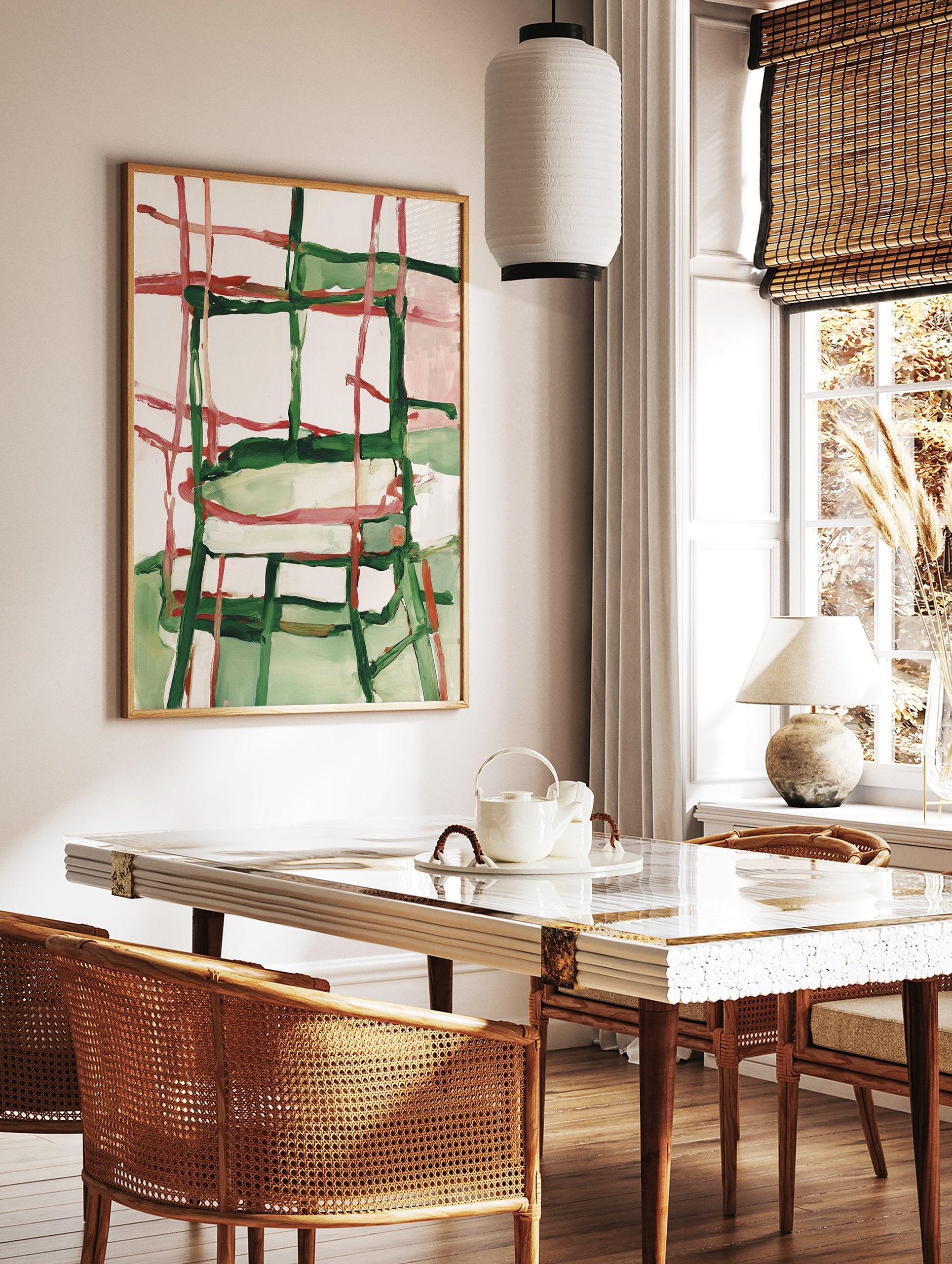Abstract painting with bold green and red brushstrokes forming a grid pattern on a white background, modern art. - Image 2
