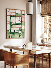 Abstract painting with bold green and red brushstrokes forming a grid pattern on a white background, modern art. - Image 2