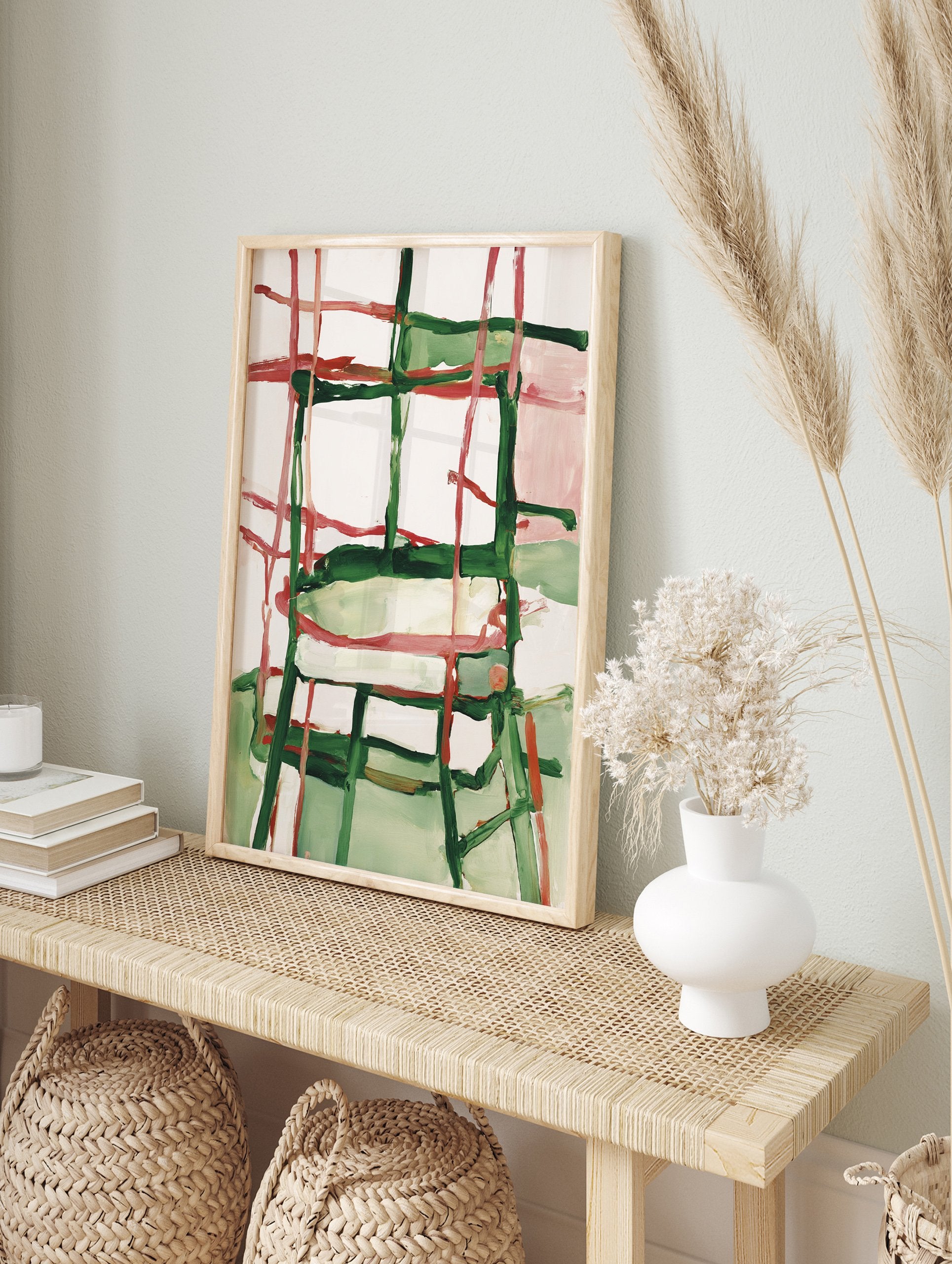 Abstract painting with bold green and red brushstrokes forming a grid pattern on a white background, modern art. - Image 3