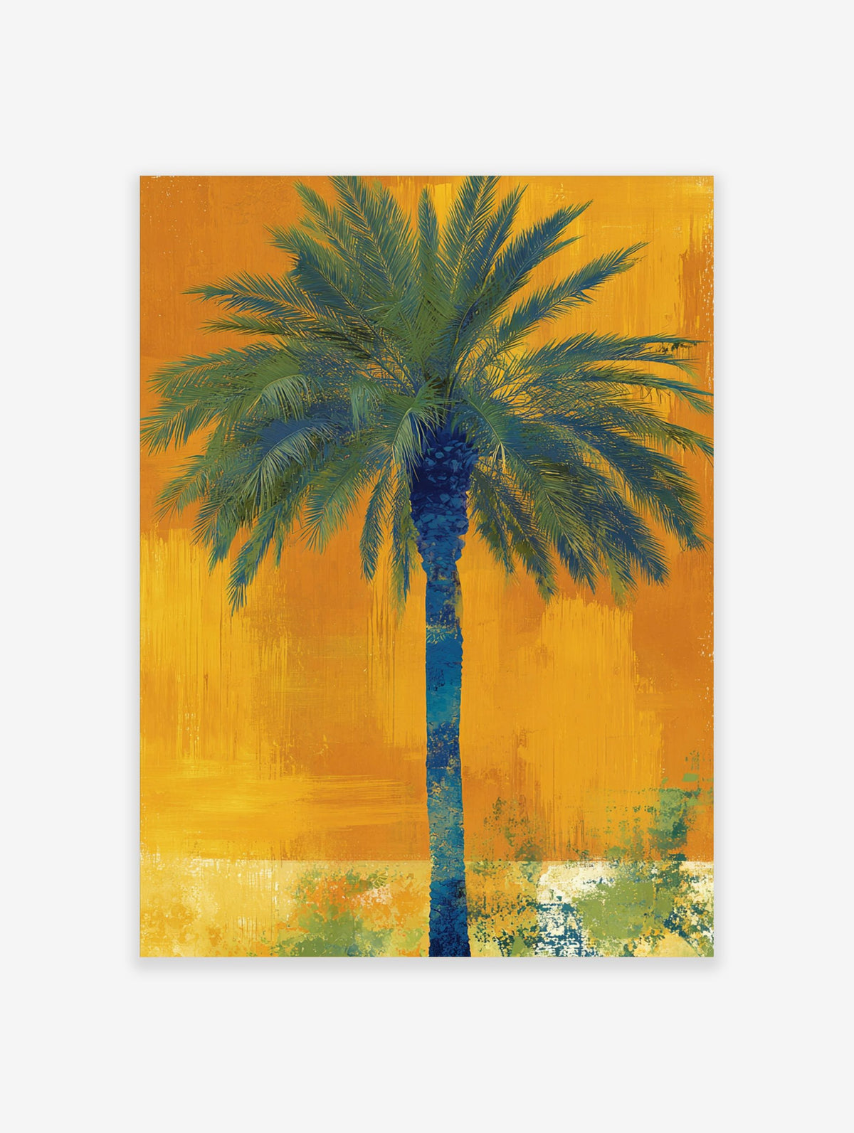 Abstract blue and green palm tree against a textured vibrant orange background in portrait orientation