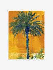 Abstract blue and green palm tree against a textured vibrant orange background in portrait orientation