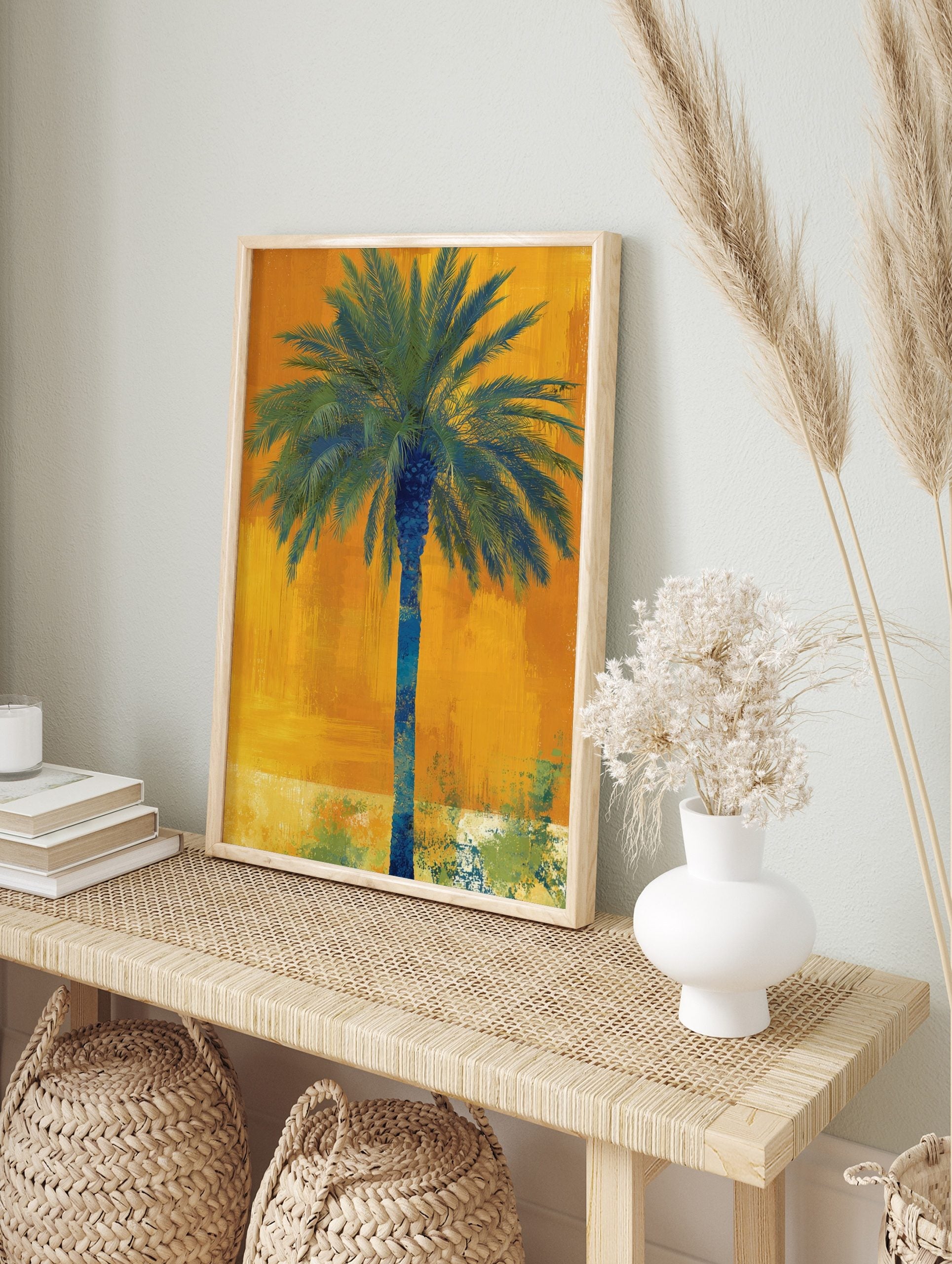 Abstract blue and green palm tree against a textured vibrant orange background in portrait, in an alternate framed mockup
