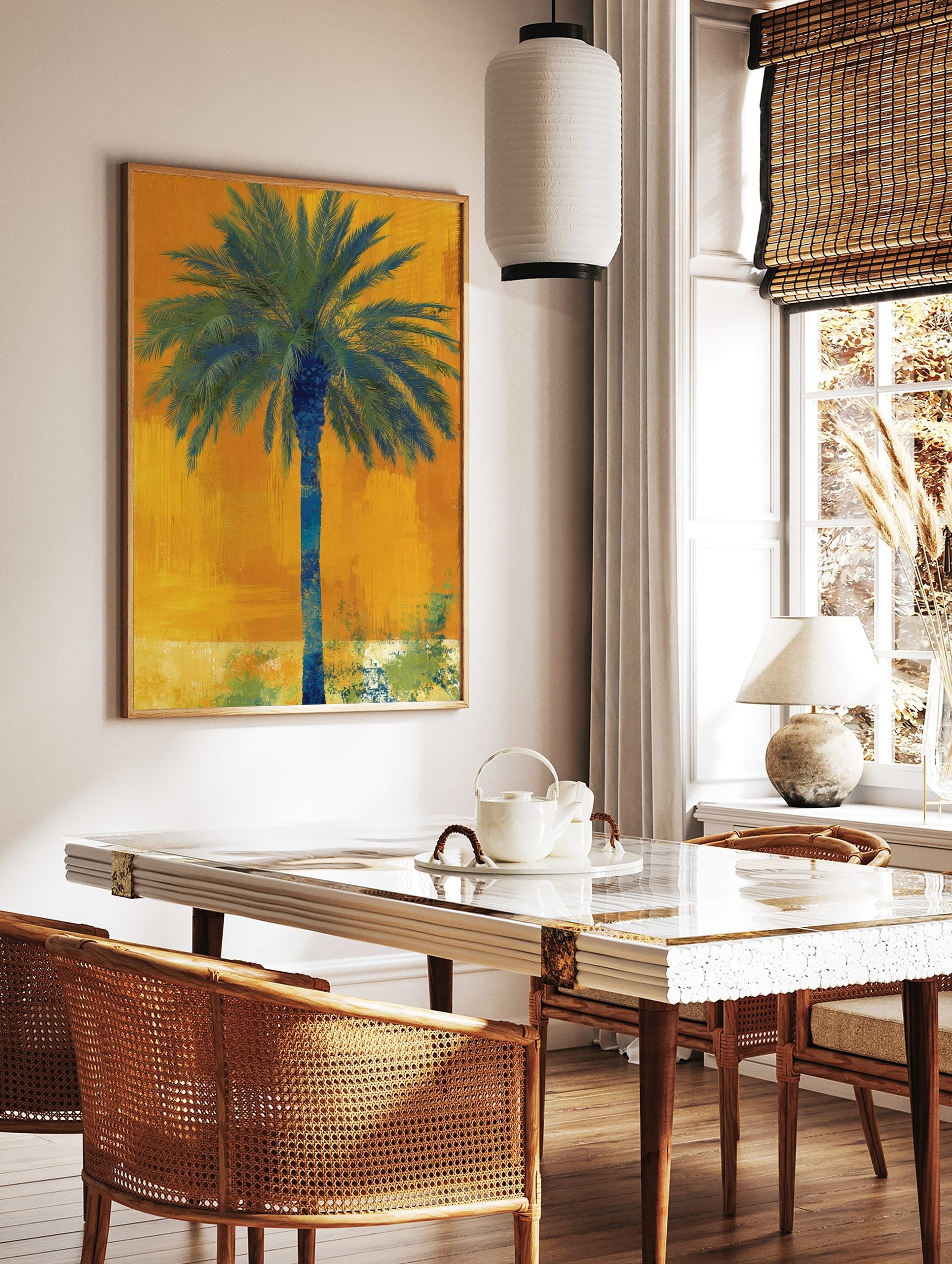 Abstract blue and green palm tree against a textured vibrant orange background in portrait, in a styled room mockup