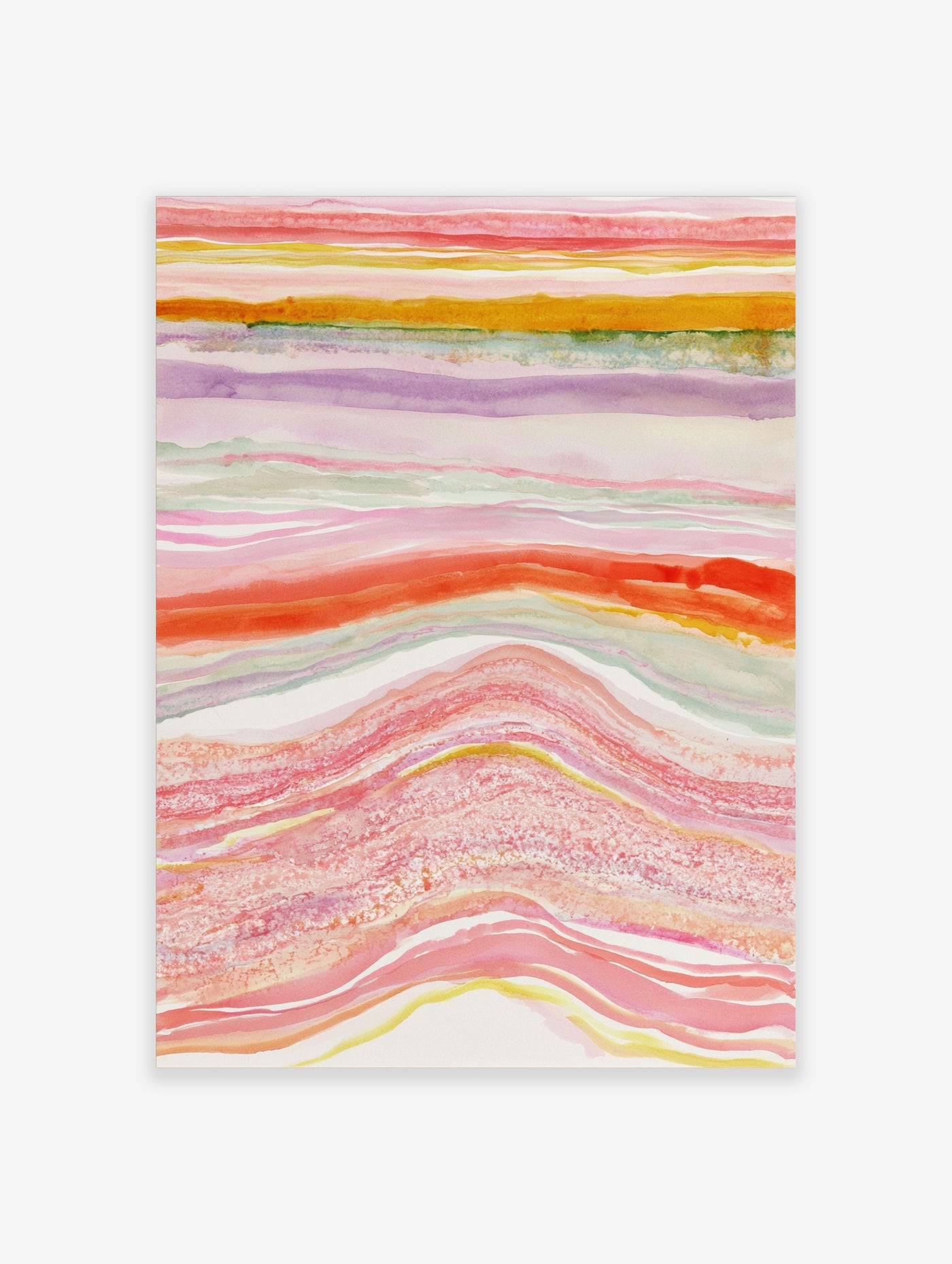 Abstract watercolor wall art with layered wavy bands in pink, orange, and green on a white background