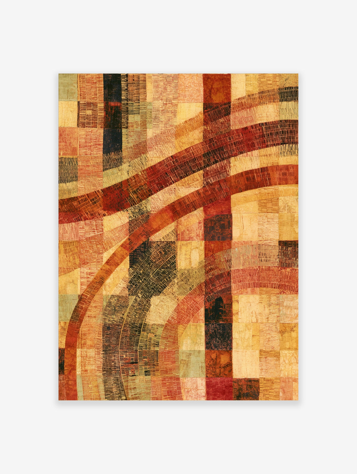 Abstract patchwork poster with curved red, gold and brown geometric bands on a grid background