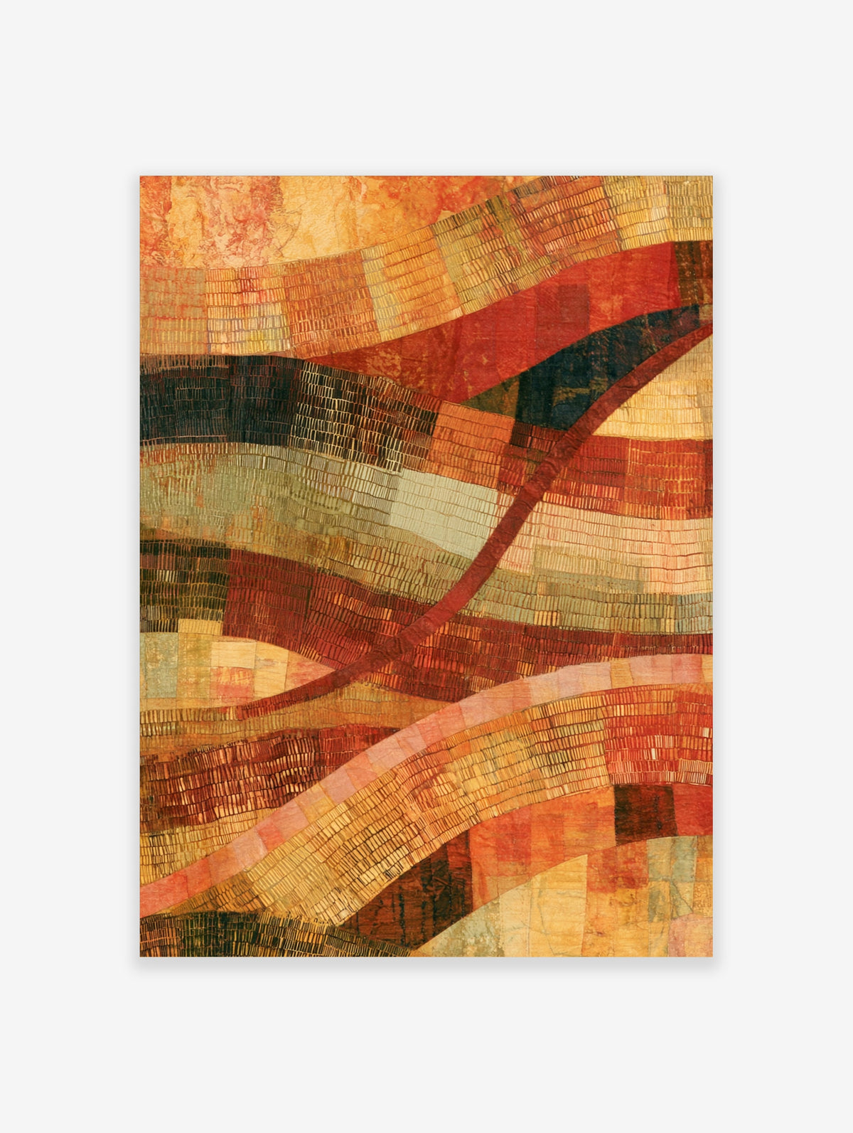 Abstract patchwork art print with wavy red, ochre and green bands and fine grid textures