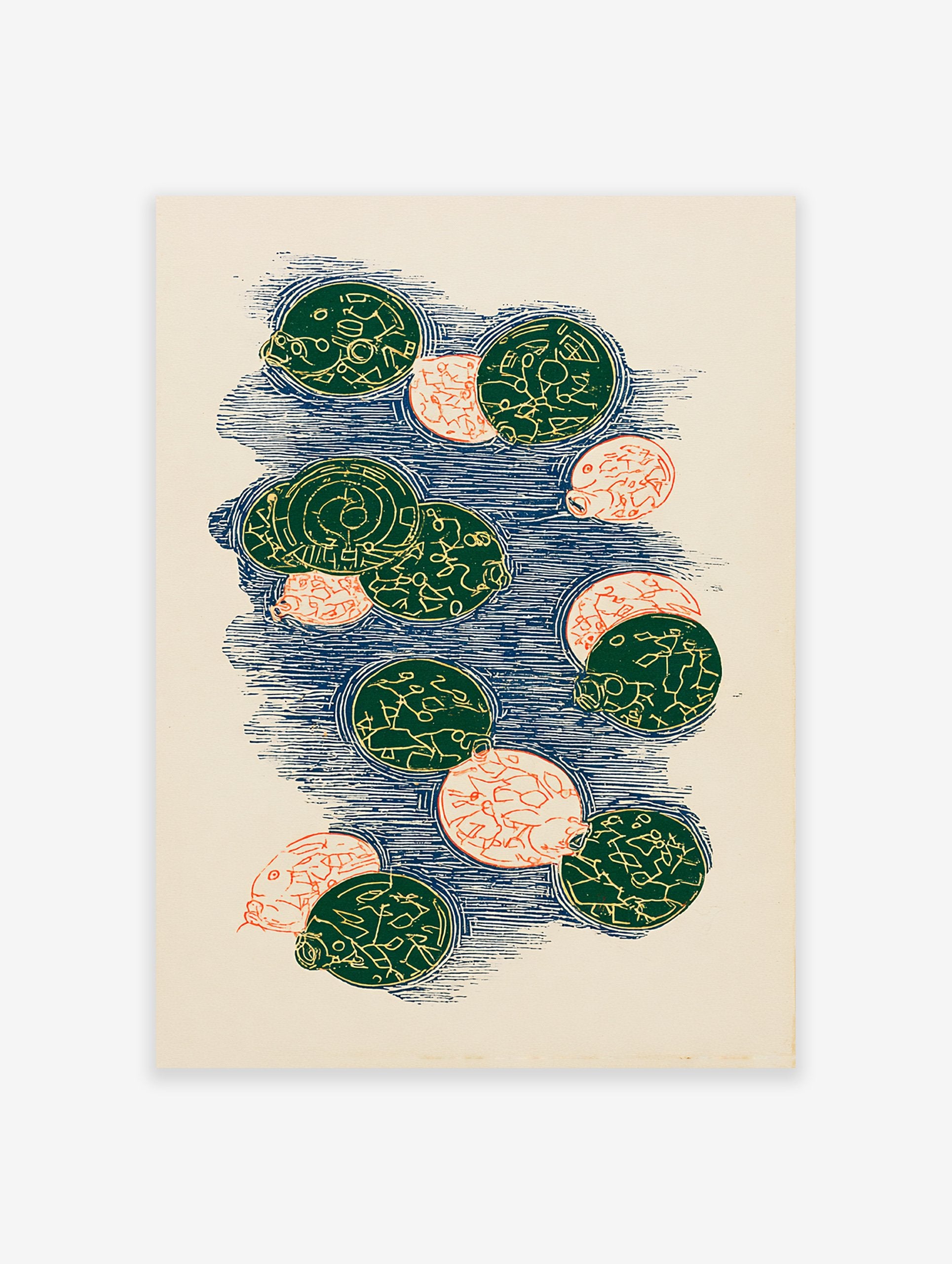 Abstract Pattern Wall Art print with green and orange circles on a blue textured background, featuring intricate designs.