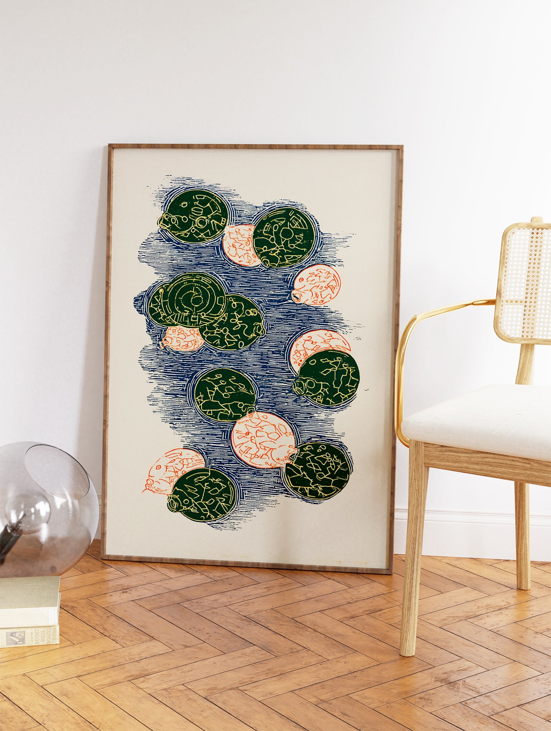 Abstract Pattern Wall Art print with green and orange circles on a blue textured background, featuring intricate designs. - Image 2