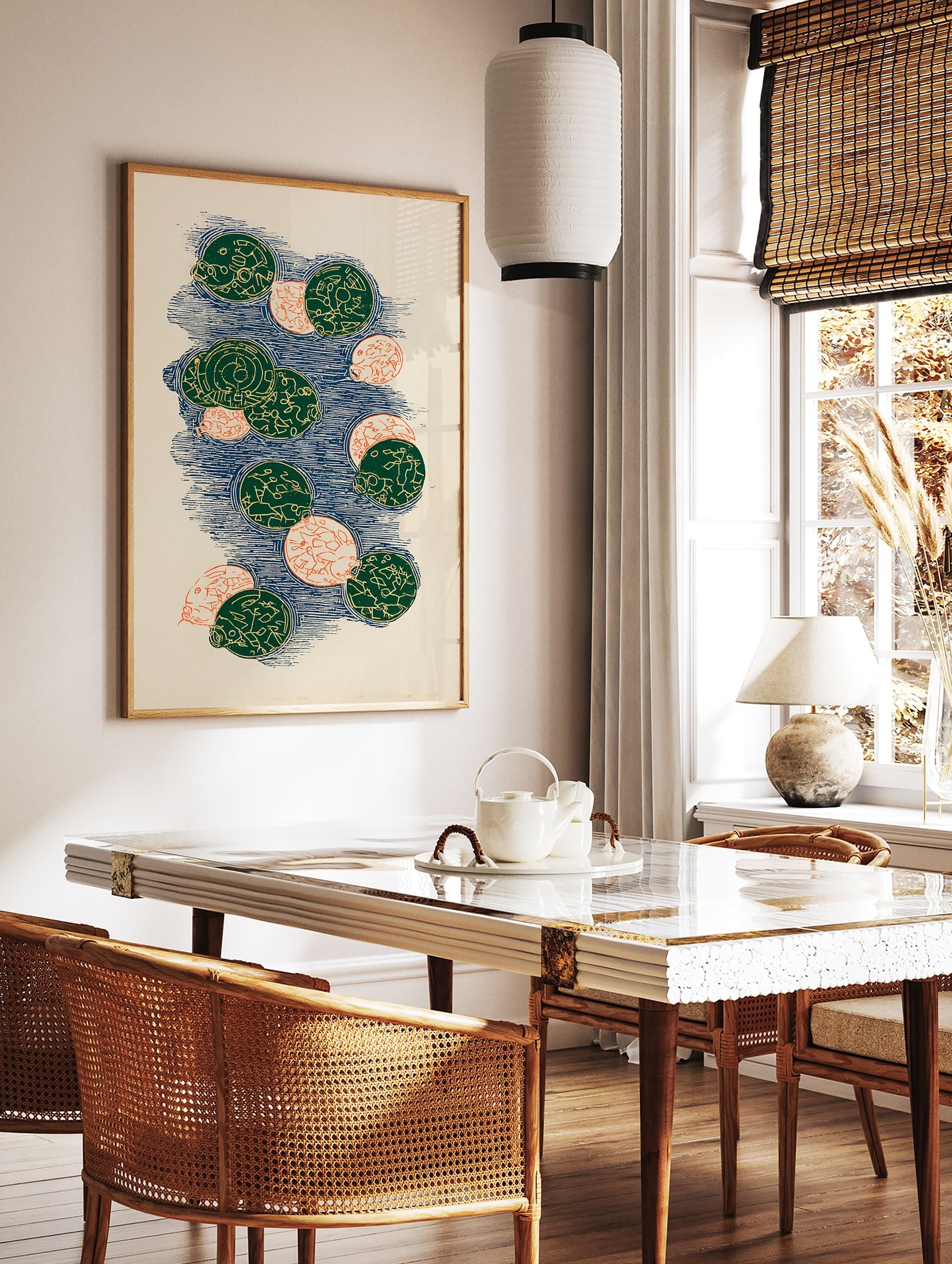 Abstract Pattern Wall Art print with green and orange circles on a blue textured background, featuring intricate designs. - Image 3