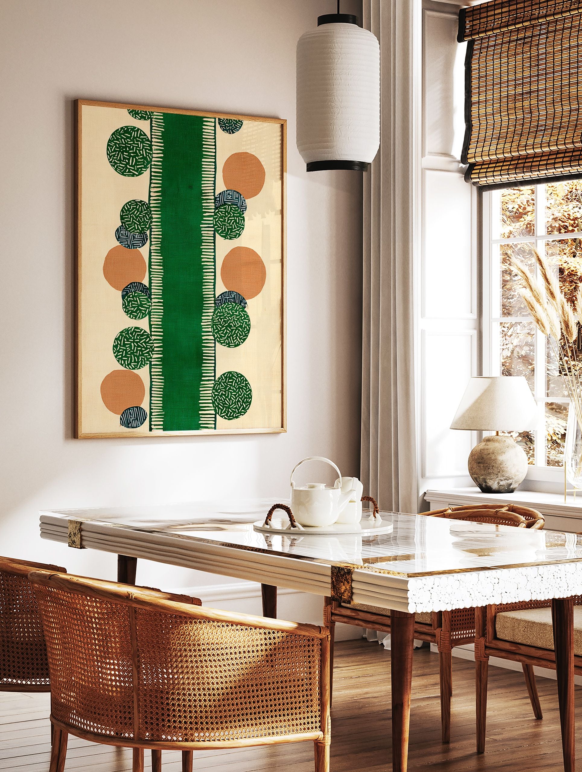 Abstract pattern wall art with a central green stripe and scattered geometric circles in green, orange, and blue on a cream background. - Image 2