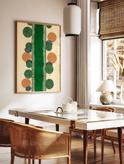 Abstract pattern wall art with a central green stripe and scattered geometric circles in green, orange, and blue on a cream background. - Image 2