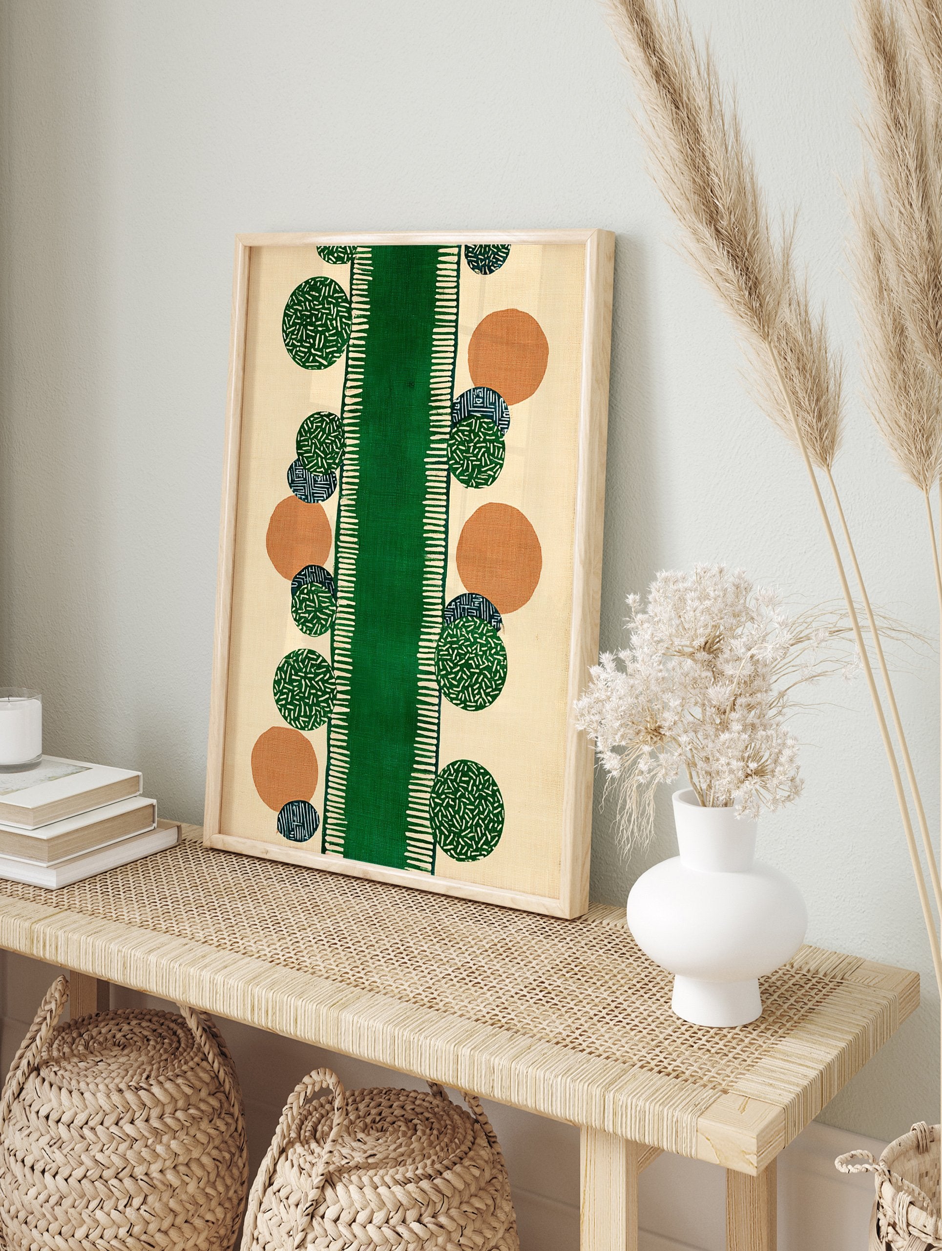 Abstract pattern wall art with a central green stripe and scattered geometric circles in green, orange, and blue on a cream background. - Image 3