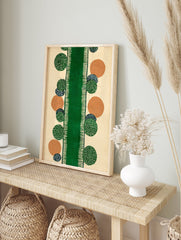 Abstract pattern wall art with a central green stripe and scattered geometric circles in green, orange, and blue on a cream background. - Image 3