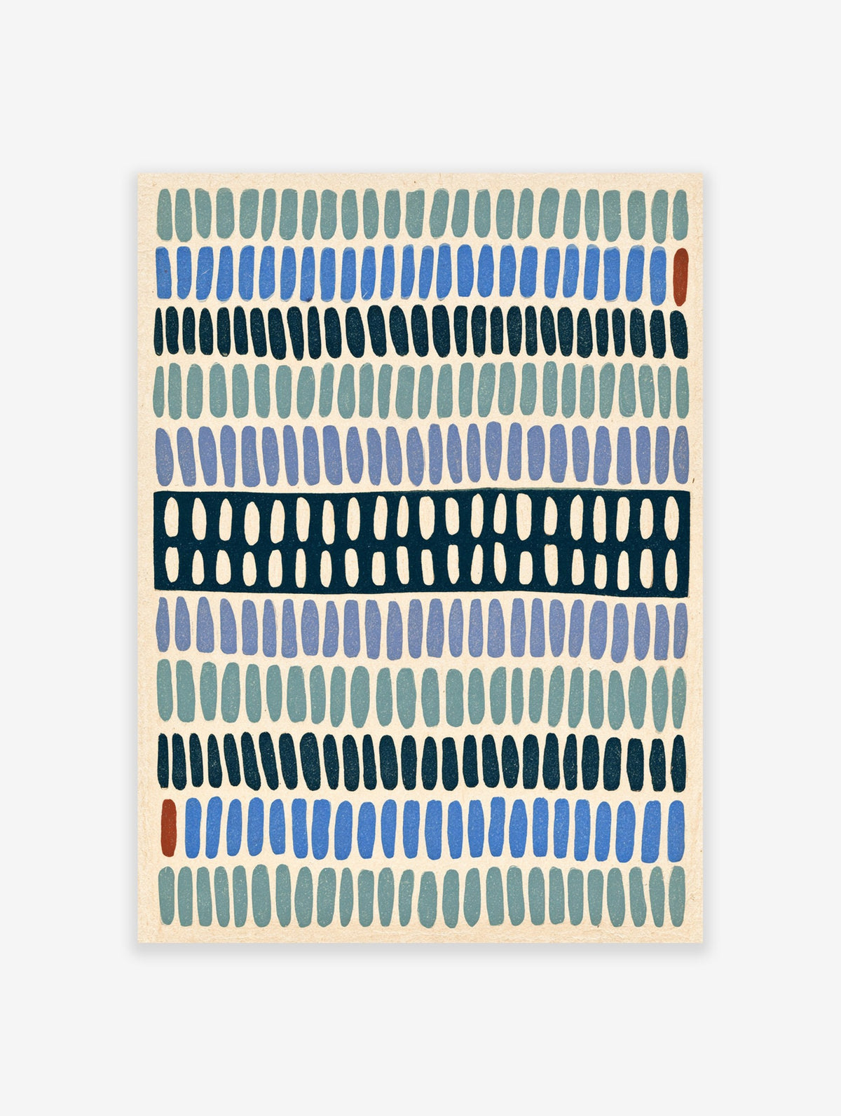 Abstract pill shape pattern print with blue, teal, and navy motifs on a neutral background for modern wall decor