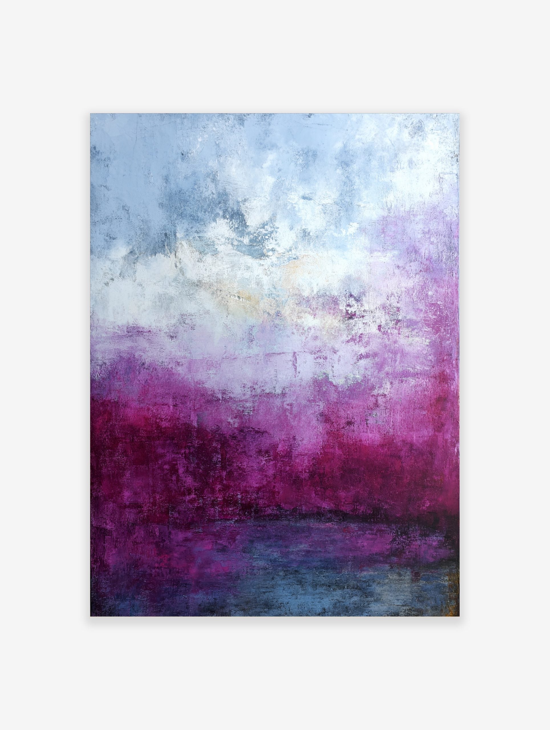 Abstract purple landscape art print with textured layers of magenta, lavender, white, and deep blue