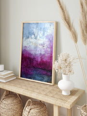 Abstract purple landscape art print with textured layers of magenta, lavender, white, and, in an alternate framed mockup