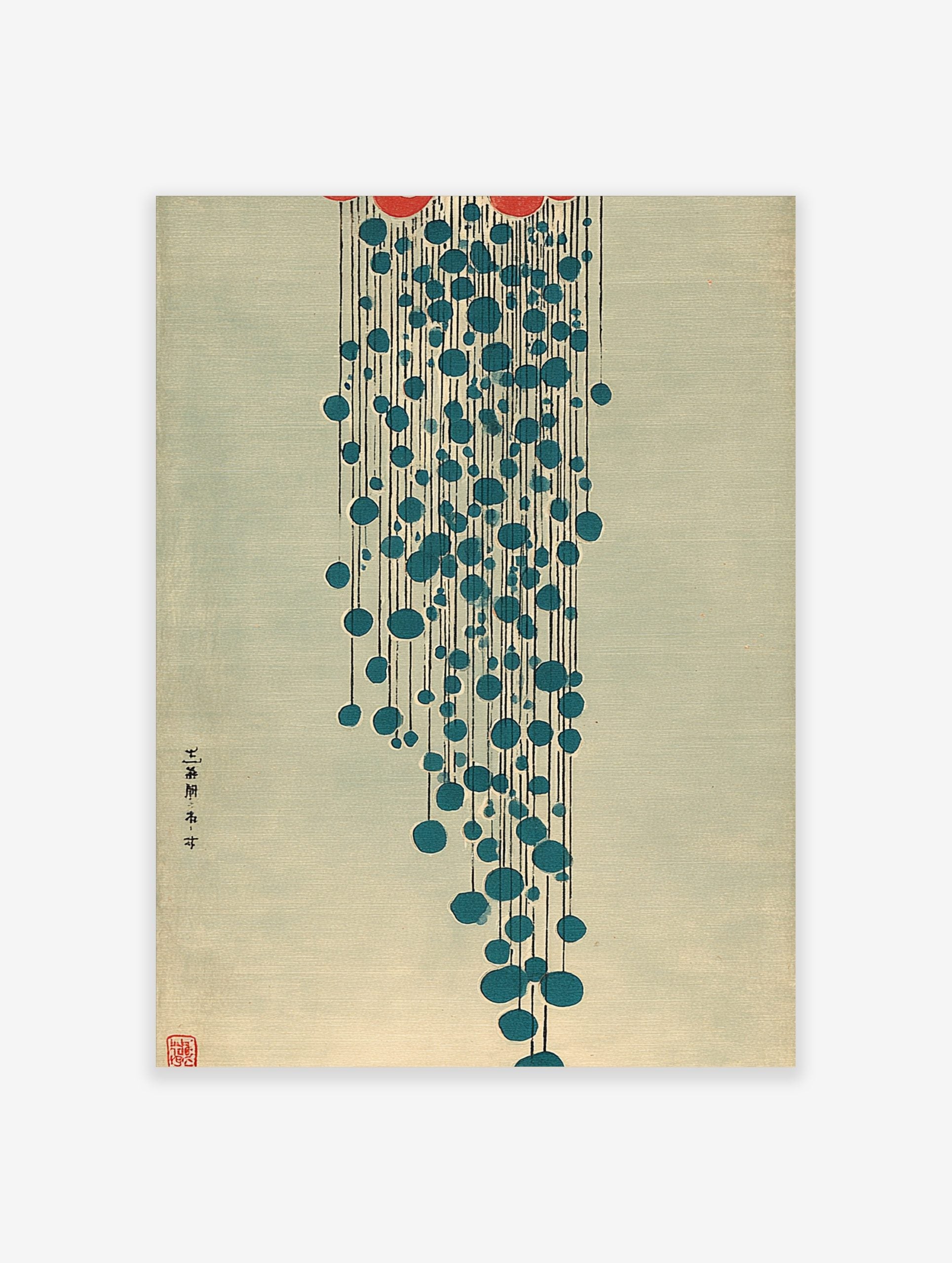 Abstract Japanese art print with red cloud shape, falling blue circles, black lines, and light blue background