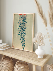 Abstract Japanese art print with red cloud shape, falling blue circles, black lines, and, in an alternate framed mockup