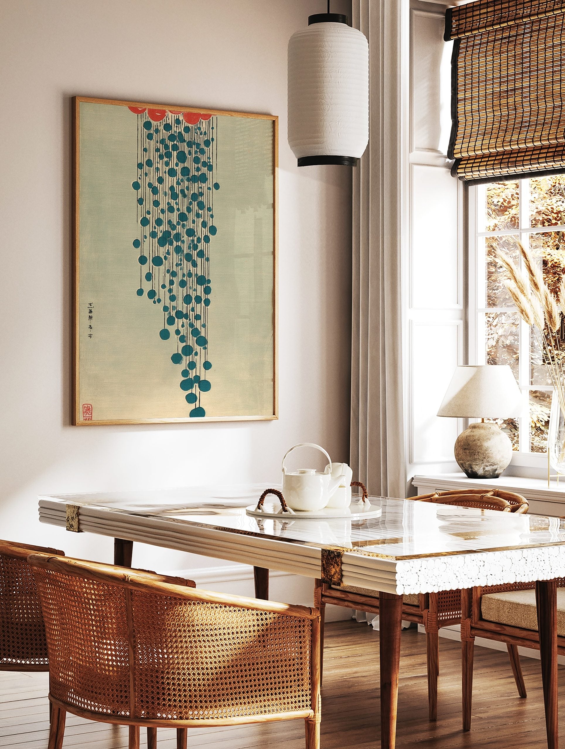 Abstract Japanese art print with red cloud shape, falling blue circles, black lines, and light blue, in a styled room mockup