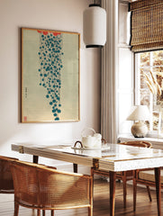 Abstract Japanese art print with red cloud shape, falling blue circles, black lines, and light blue, in a styled room mockup