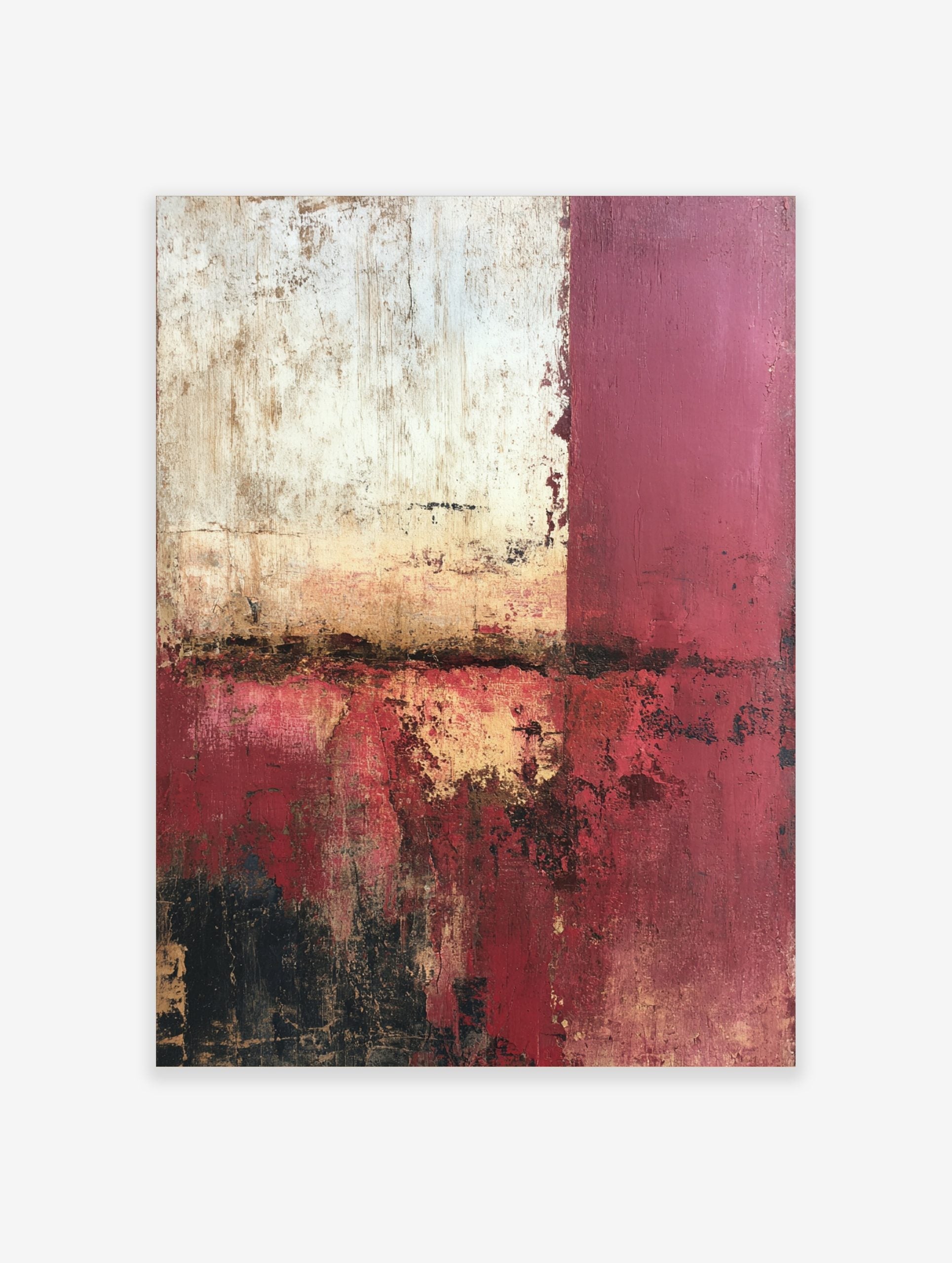 Abstract wall art with distressed red, white, and black textures, and gold highlights in a portrait orientation