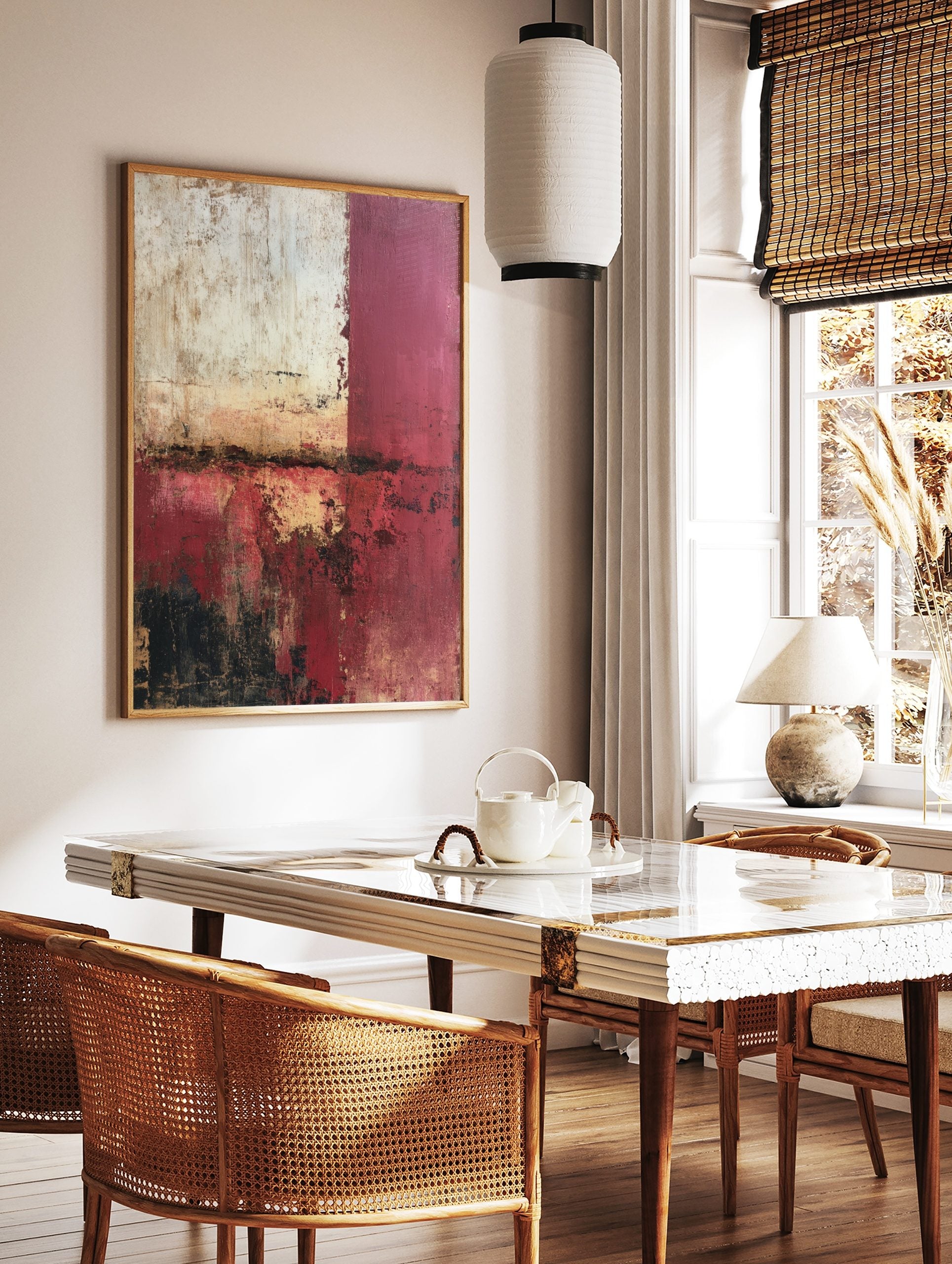 Abstract wall art with distressed red, white, and black textures, and gold highlights in a portrait, in a styled room mockup