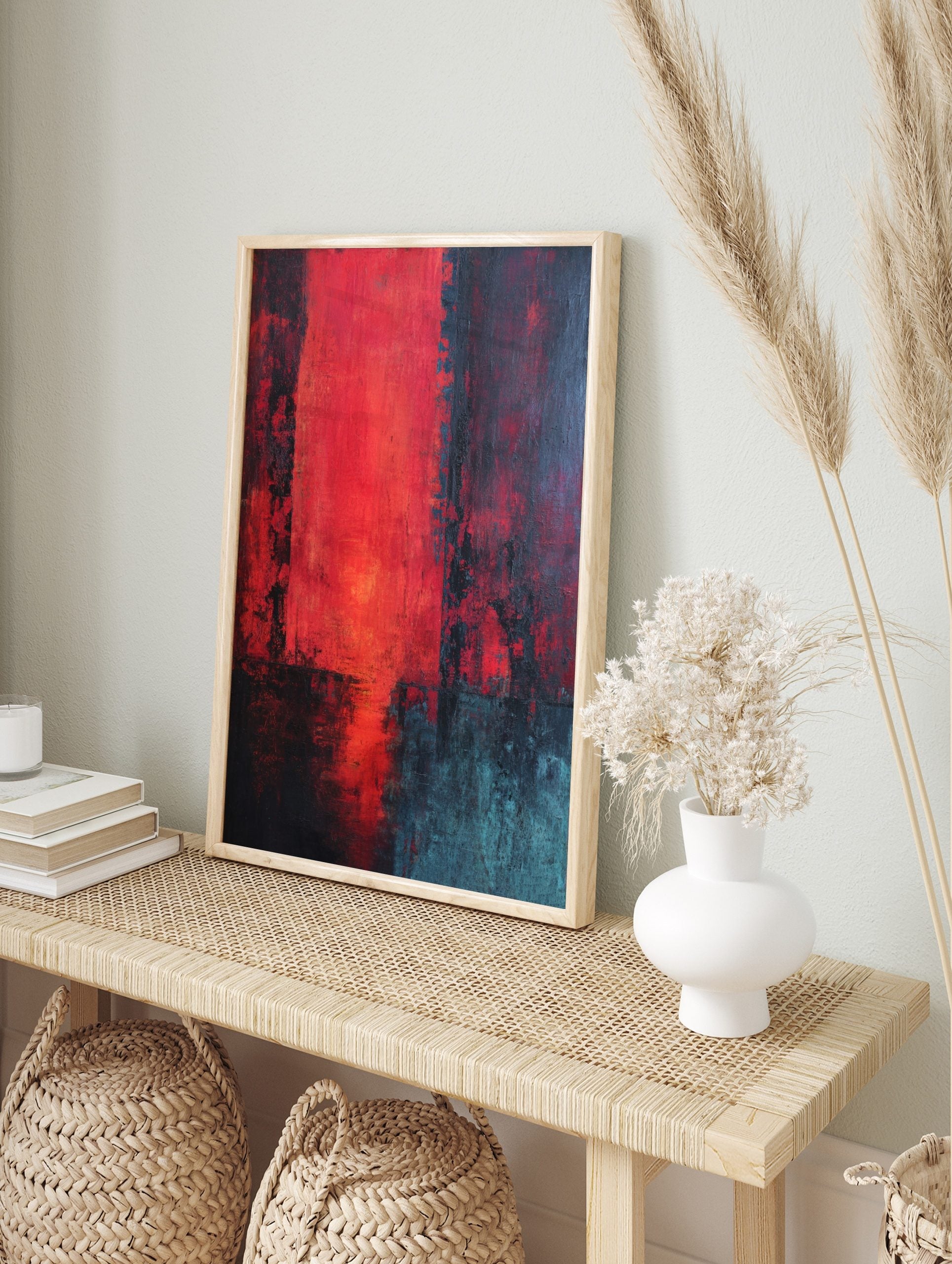 Abstract textured wall art print with bold red, dark, and teal colour blocks, divided by, in an alternate framed mockup