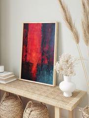Abstract textured wall art print with bold red, dark, and teal colour blocks, divided by, in an alternate framed mockup