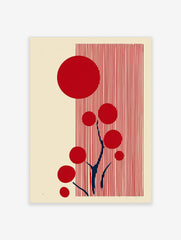 Abstract red circles and dark blue branches on a cream background with vertical red stripes