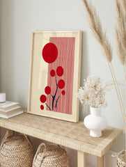 Abstract red circles and dark blue branches on a cream background with vertical red stripes, in an alternate framed mockup