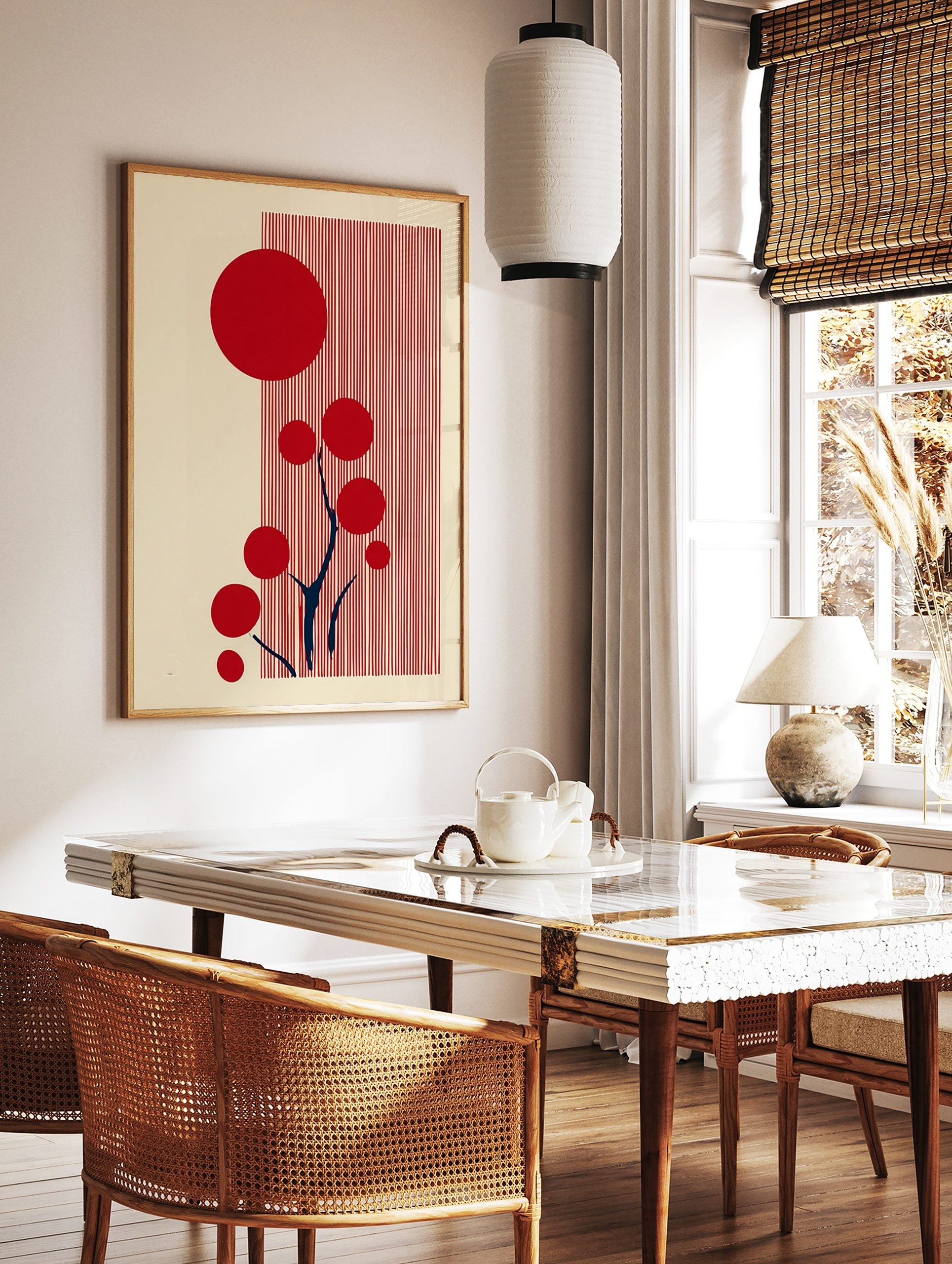 Abstract red circles and dark blue branches on a cream background with vertical red stripes, in a styled room mockup