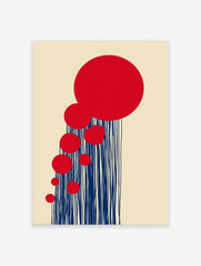 Abstract art print with cascading red circles and vertical navy blue lines on a beige background