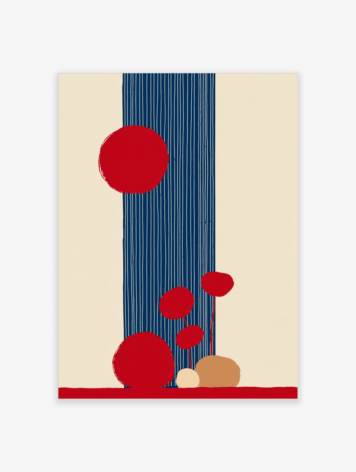 Abstract art print with large and small red circles, a navy blue vertical stripe with white lines, on a beige background