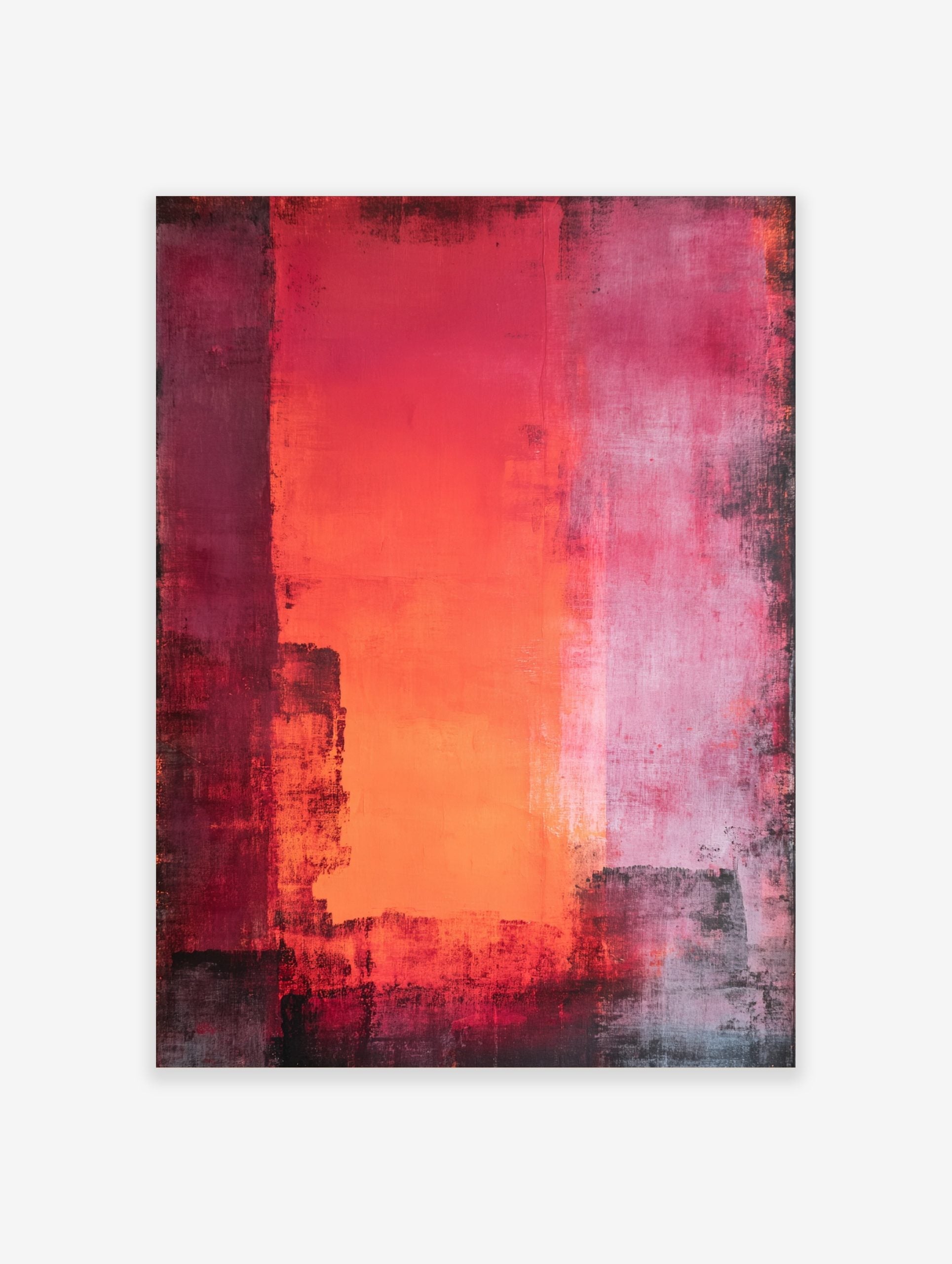 Abstract wall art with vertical red, orange, and pink colour blocks and distressed dark textures