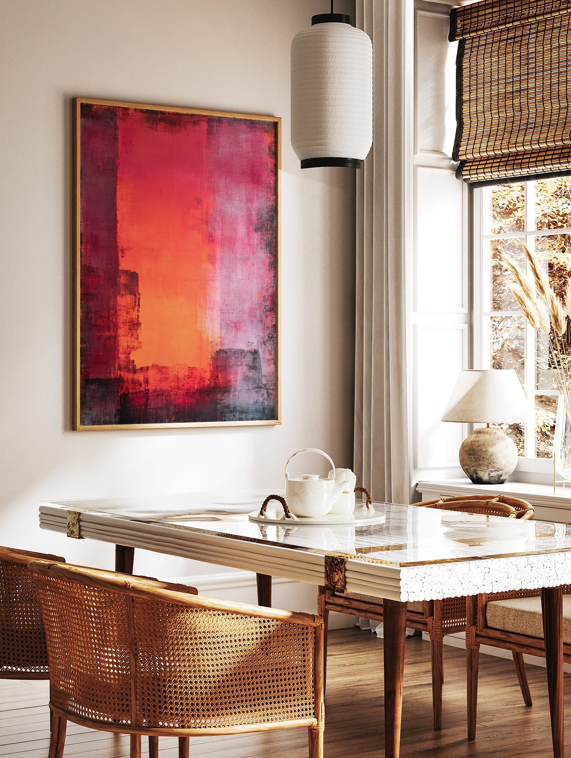 Abstract wall art with vertical red, orange, and pink colour blocks and distressed dark textures, in a styled room mockup